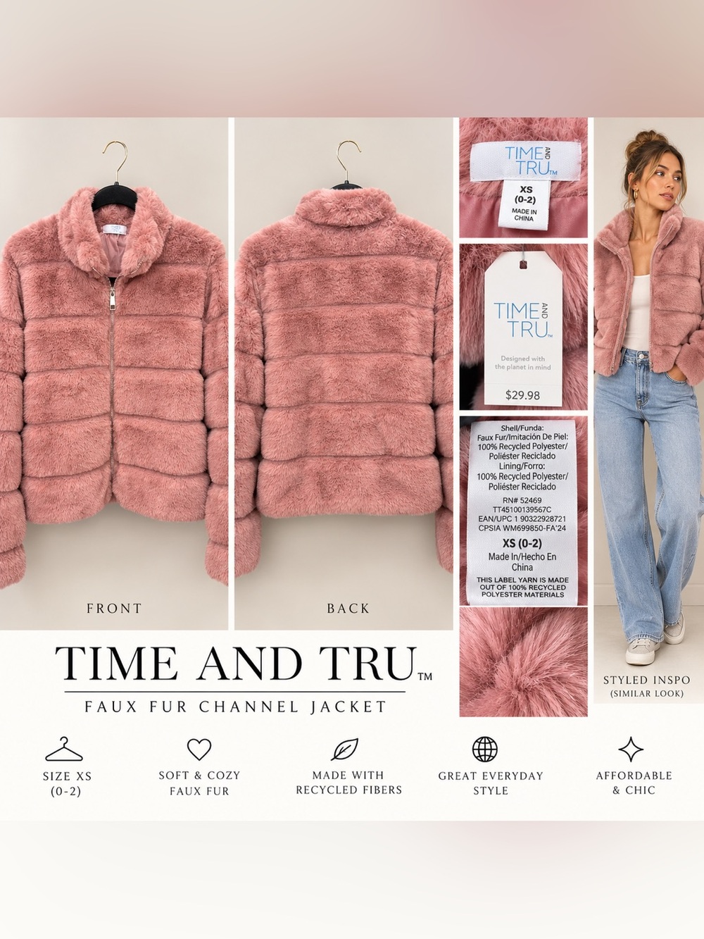 Time and Tru Women's Faux Fur Channel Jacket - Dusty Rose